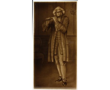 Sherwin & Cotton dark brown majolica glazed picture tile, circa late 19th to early 20th century, depicting a gentleman playin
