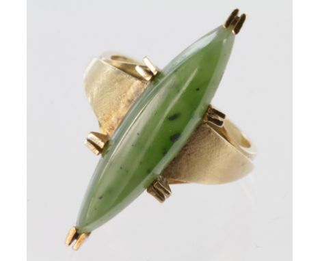 Yellow Metal (tests 18ct) Ring set with a large Jade stone size L weight 5.8g