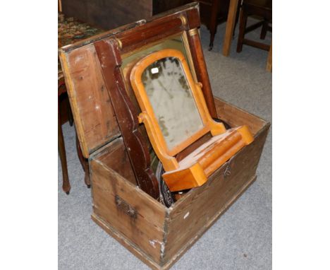 A pine blanket box; an over-mantel mirror; a toilet mirror; and two wall mirrors (5)