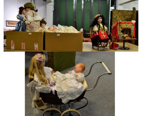 Sillars Leeds dolls pram, miniature stage set on tripod base, gypsy style doll seated on a caned chair, other dolls including