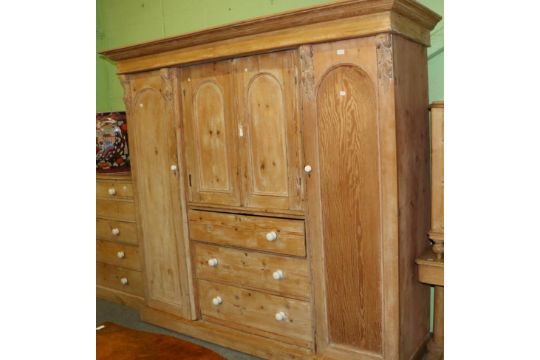 Victorian Pine Wardrobe With Twin Cupboard Doors Above Three