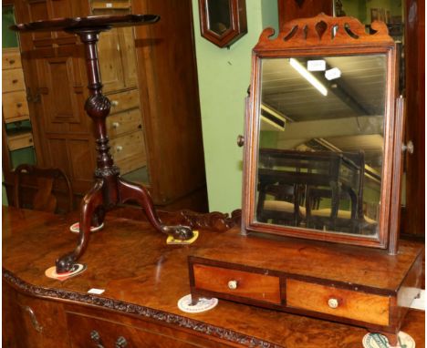 Reproduction tripod table, together with an oak toilet mirror 