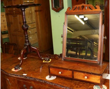 Reproduction tripod table, together with an oak toilet mirror 