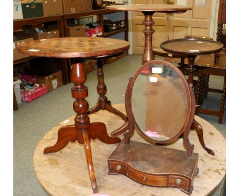 A group of four various occasional tables/tripod tables; and a toilet mirror 