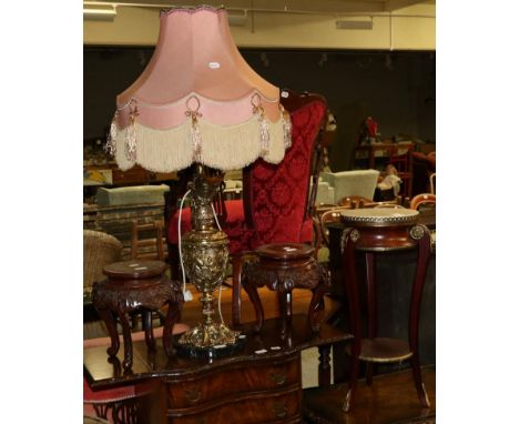 Reproduction marble topped gilt metal mounted two-tier plant stand; a pair of modern Chinese jardiniere stands; and an impres