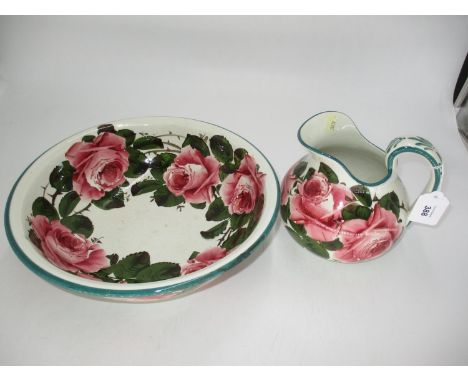 Wemyss Pottery Cabbage Rose Painted Basin and Ewer, basin 29cm cracked, ewer 15cm glaze chip 