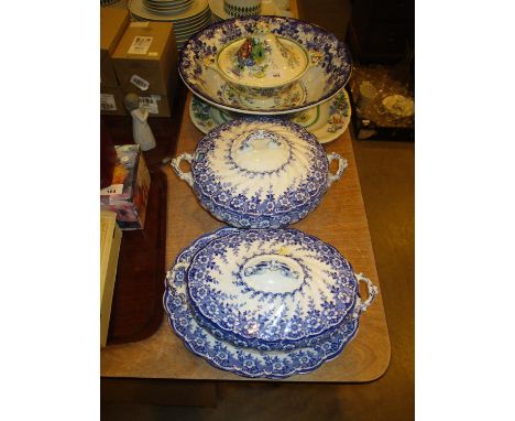 Masons Tureen and Ashet, Blue and White Basin and 2 Tureens 