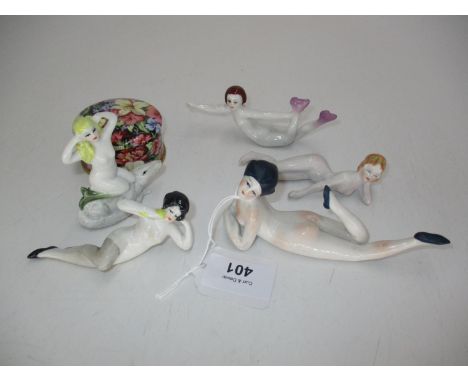 Five Porcelain Bathing Beauties and a Royal Winton Trinket Box 