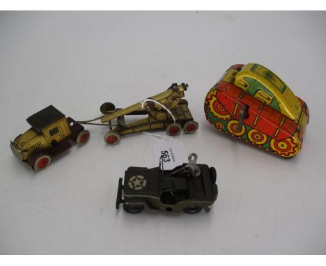 Tin Plate Clockwork US Army Jeep, Tank and Vehicle with Field Gun 
