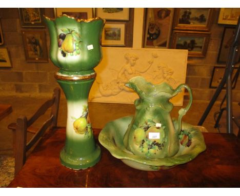 Fruit Decorated Pottery Basin and Ewer and a Jardinière with Stand 
