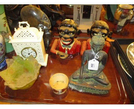 Two Money Banks, Clock, Dishes, Carved Sculpture and a Buddha 