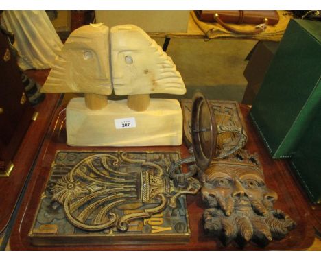 Carved Wood Sculpture, 3 Plaques and a Candle Holder 
