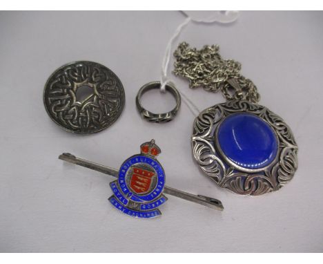 Silver and Enamel Royal Corps Army Ordnance Sweetheart Brooch, Iona Silver Targe Brooch, Silver Ring, Silver and Cabochon Pen