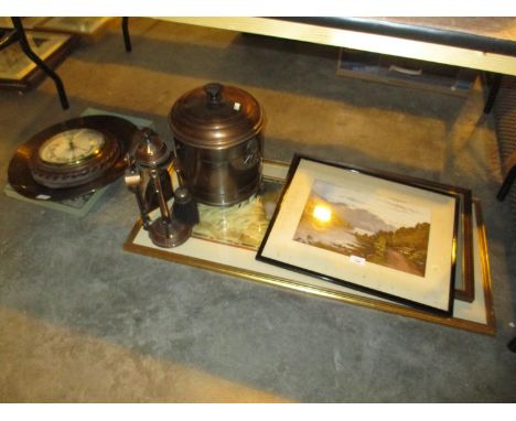 Coal Box and Companion Set, Brass Plaque, Barometer and Pictures 
