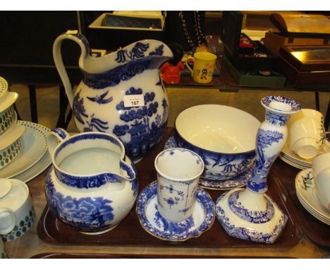 Spode Italian Candlestick, Royal Doulton Willow Jug and Other Blue and White Items 