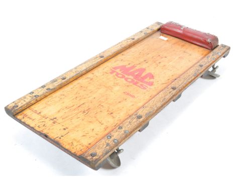 MAC Tools - A rare original vintage 1970's retro industrial workshop mechanics creeper trolley of wooden construction with re