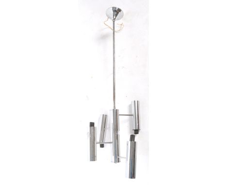 A retro vintage 20th century space age / sputnik inspired chrome four arm ceiling electrolier / chandelier. The tall chrome t