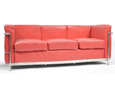 
After Le Corbusier - LC2 - A good revival LC2 three seat club sofa settee having an exterior tubed chrome finished frame bei