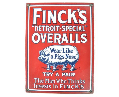 A retro style enamel type sign for Fincks Detroit Special Overalls ' Wear Like a Pigs Nose ' The sign with red ground with pi