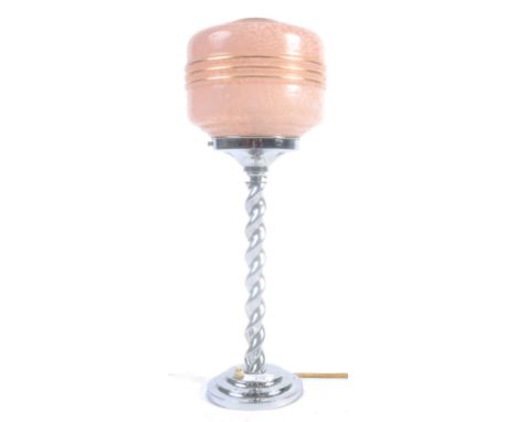 A 1930's Art Deco chrome and mottled glass table lamp / light / The chrome circular terraced base with pusher switch having a