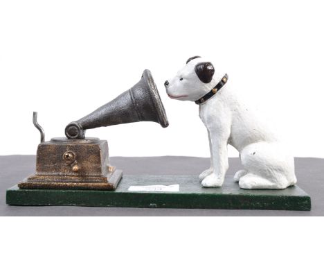 A contemporary vintage cast iron white HMV advertising His Masters Voice dog Nipper figurine - diorama having a seated dog ne