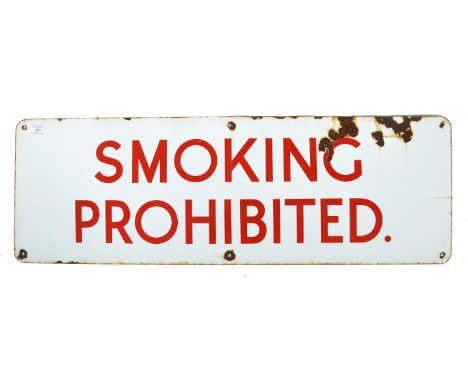 An early 20th century ' Smoking Prohibited ` Industrial warning sign. Of rectangular shape with enamel painted facia in white