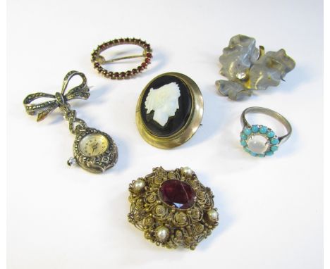 A moonstone and turquoise ring, marcasite fob watch, cameo brooch etc 