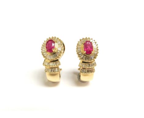 A pair of gold ruby and baguette diamond cluster earrings, pierced ears stamped 14k, 2.2cm long, 10.9g 