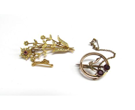 Two gold brooches, one set with amethyst and pearl the other ruby and pearl, stamped 9c, 6.3g 