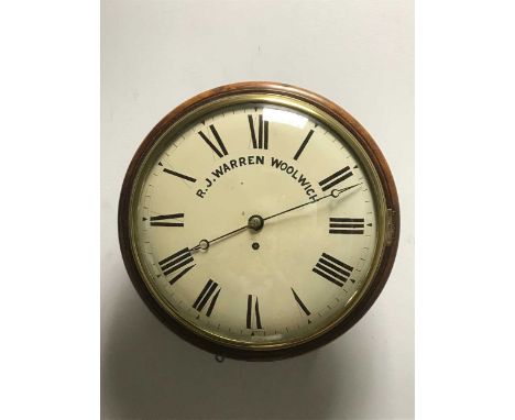 12inch painted dial signed 'R J Warren, Woolwich', Roman numerals, single fusee movement with shaped brass plates, 37cm diame