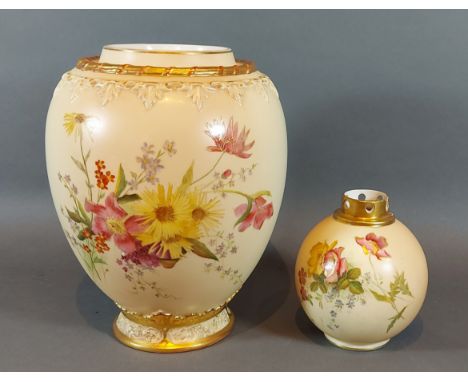 A Royal Worcester blush ivory vase hand painted with summer flowers and highlighted with gilt, numbered 2048, 22.5cms tall to