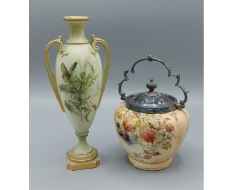 A Royal Worcester two handled vase hand painted with butterfly amongst foliage, highlighted with gilt, 22cms tall together wi