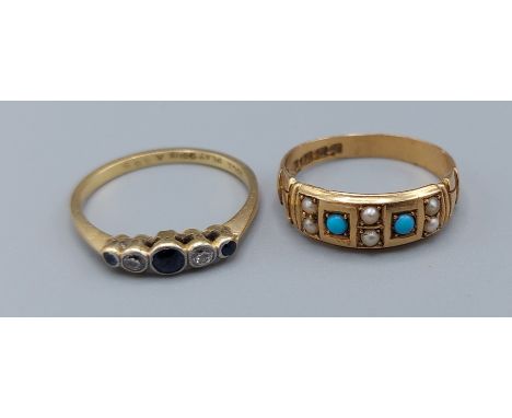 An 18ct gold ring set three sapphire and two diamond together with an 18ct gold seed pearl and turquoise set ring4.9gms, ring