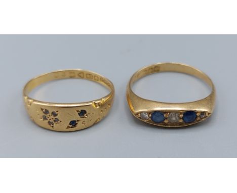 An 18ct gold diamond and sapphire set ring, with two sapphire and three diamonds together with an 18ct gold sapphire set band