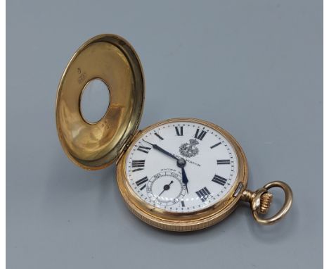 A 14ct gold cased half hunter pocket watch, the enamel dial inscribed Trench Watch with Roman numerals and subsidiary seconds