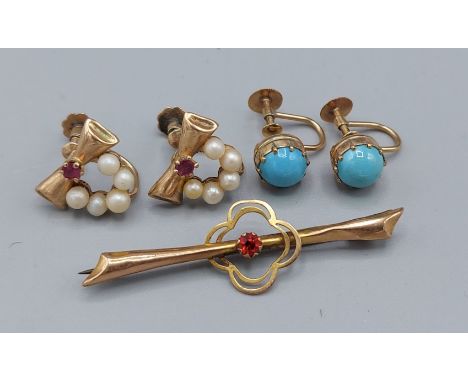 A pair of 9ct gold ruby and pearl set earrings together with another pair of 9ct gold earrings set with turquoise and a 9ct g