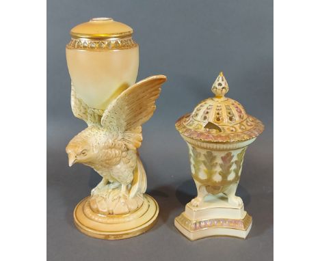 A Royal Worcester blush ivory specimen vase in the form of a bird, 21cms tall together with a Royal Worcester blush ivory pot