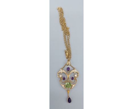 A 9ct gold pendant set with pearls, amethyst and peridot with 9ct gold linked chain, 5.2gms 