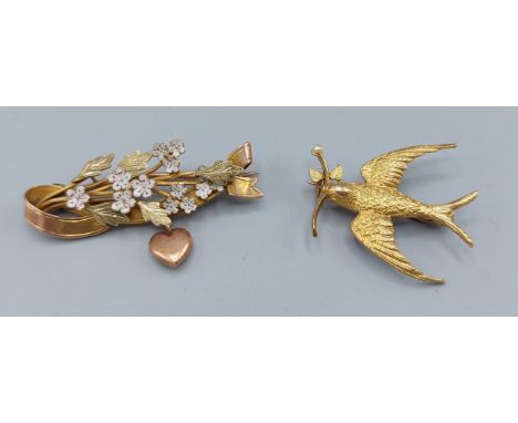 A 15ct gold brooch in the form of a swallow set with a pearl, 2.9gms, together with a 9ct gold brooch with enamel foliate dec