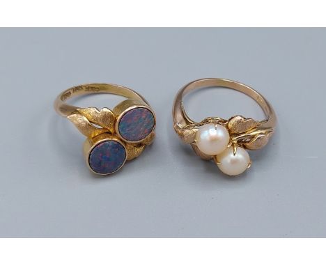 An 18ct gold ring set with two opals together with a similar 18ct gold ring set with two pearls, 8.1gms, ring size K and M 