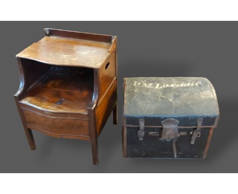 A 19th Century mahogany commode together with a steamer trunk and a pair of hunting prints 