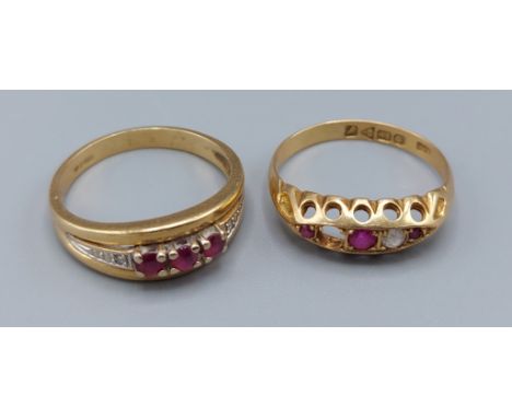 An 18ct gold ring set three garnets and two diamonds together with another similar 18ct gold ring, 5.9gms, ring size M and N 