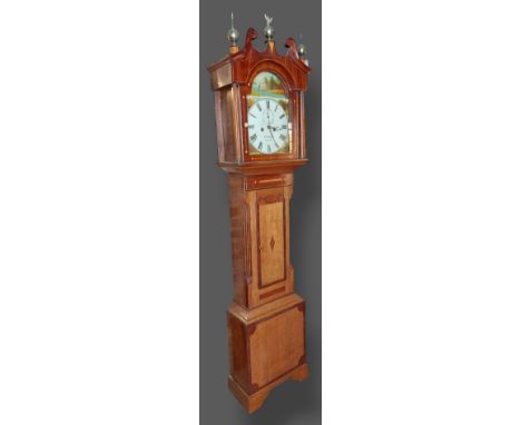 An oak and mahogany longcase clock, the swan neck pediment with three brass finials above a shaped door raised upon bracket f