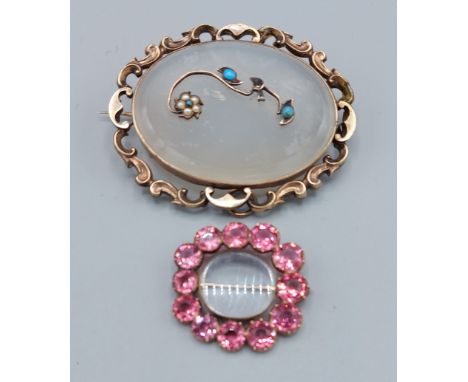 A Victorian white agate, turquoise and seed pearl set brooch together with a mourning brooch set with pink stones 