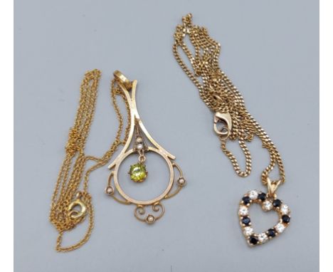 A 9ct gold pendant set with seed pearls and peridot drop with 9ct gold linked chain together with a 9ct gold pendant od heart