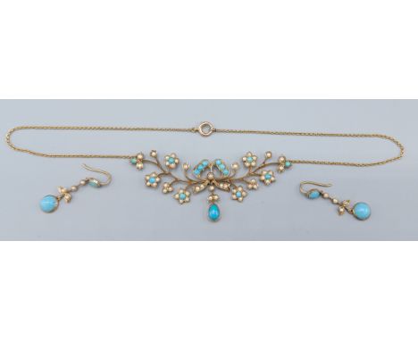 A yellow metal suite of jewellery comprising a necklace set with seed pearls and Turquoise with fine link chain together with