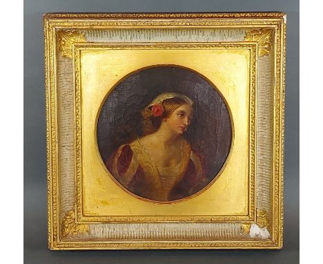 19th Century English school, half length portrait of a lady in period dress within circular mount, 25cms x 21cms 