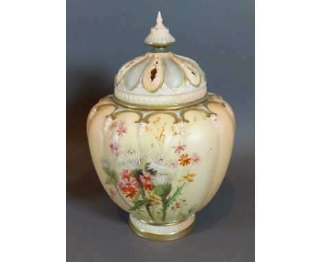 A Royal Worcester blush ivory covered vase, hand painted with summer flowers, complete with inner cover, 21cms tall 