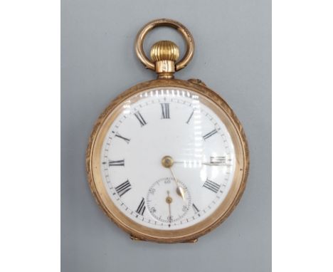 A 14ct gold cased fob watch, the enamel dial with Roman numerals and subsidiary seconds dial, 33.3gms inclusive 
