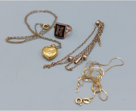 A 9ct gold mourning ring together with a 9ct gold fine link neck chain, a 9ct gold ball chain and a heart form locket with ch